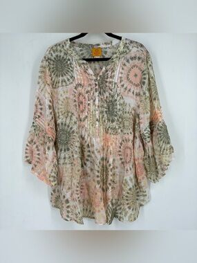 Rudy Rd Plus Size 2X Tie Dye Sheer Blouse Henley Button Neck Pink Hippie Green